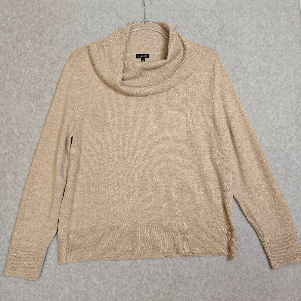 Talbots Women's XL Merino Wool Gold Metallic Sweater Cowl Neck Button Cuffs Knit